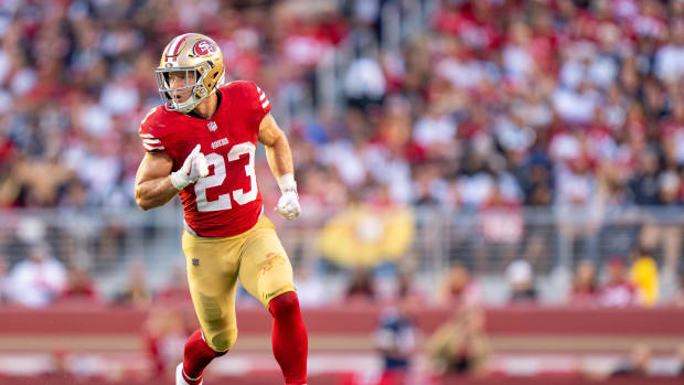 October 8, 2023; Santa Clara, California, USA; San Francisco 49ers running back Christian McCaffrey (23) during the first quarter against the Dallas Cowboys at Levi's Stadium. Mandatory Credit: Kyle Terada-USA TODAY Sports  